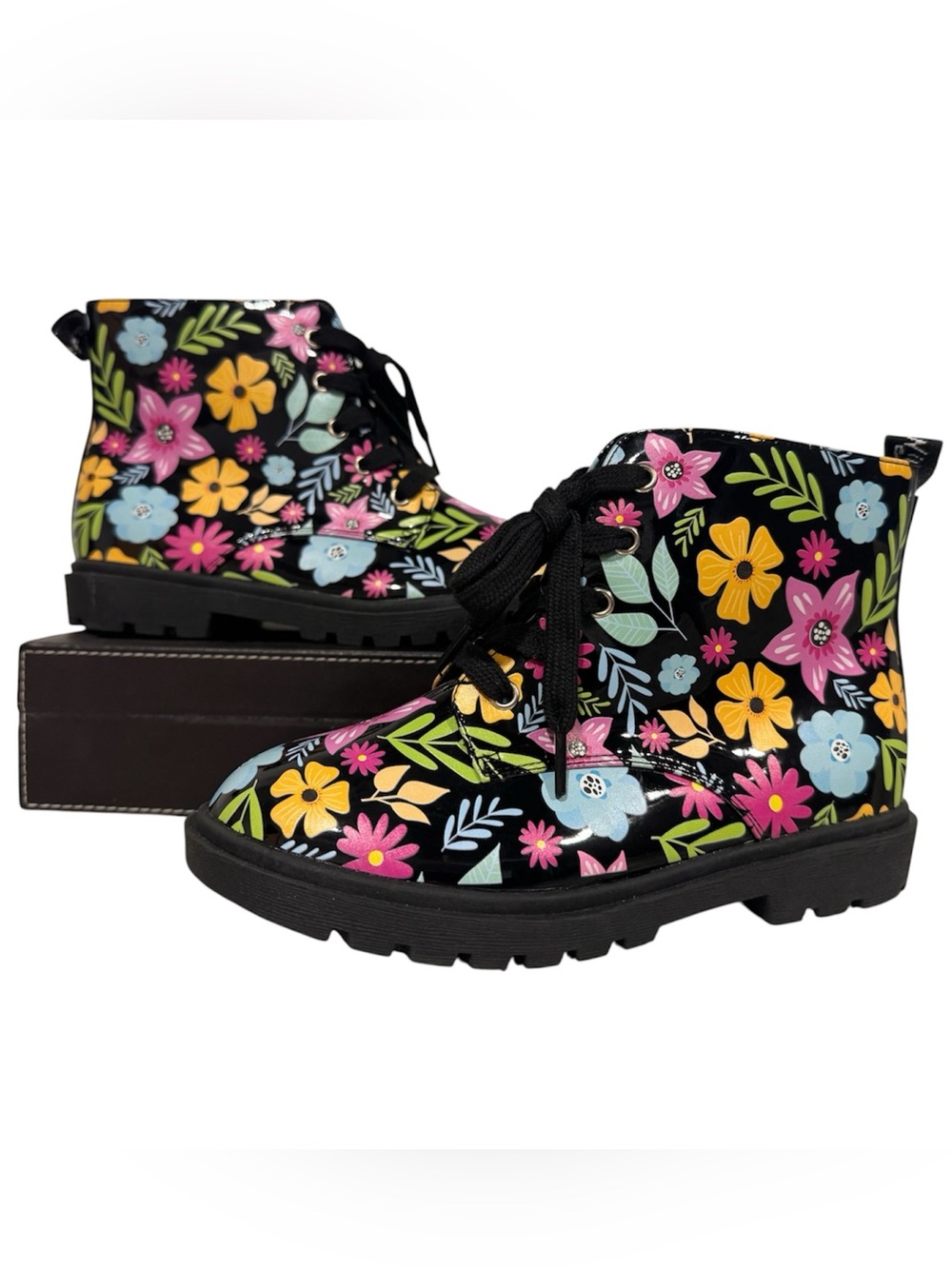 Unbranded Floral Leather Biker Boots Size Big Girls 3 NEW